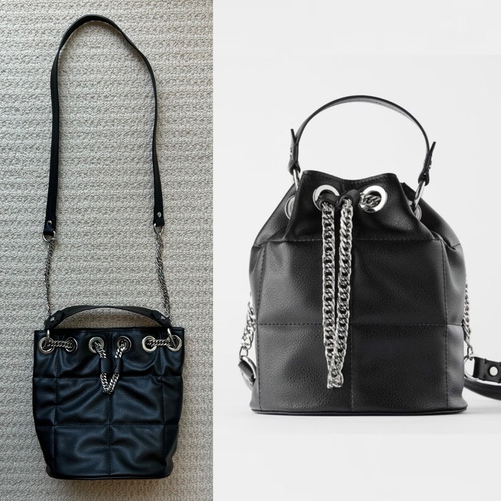 Zara Black Faux Leather Bucket Bag Purse with Grommet Chain Details